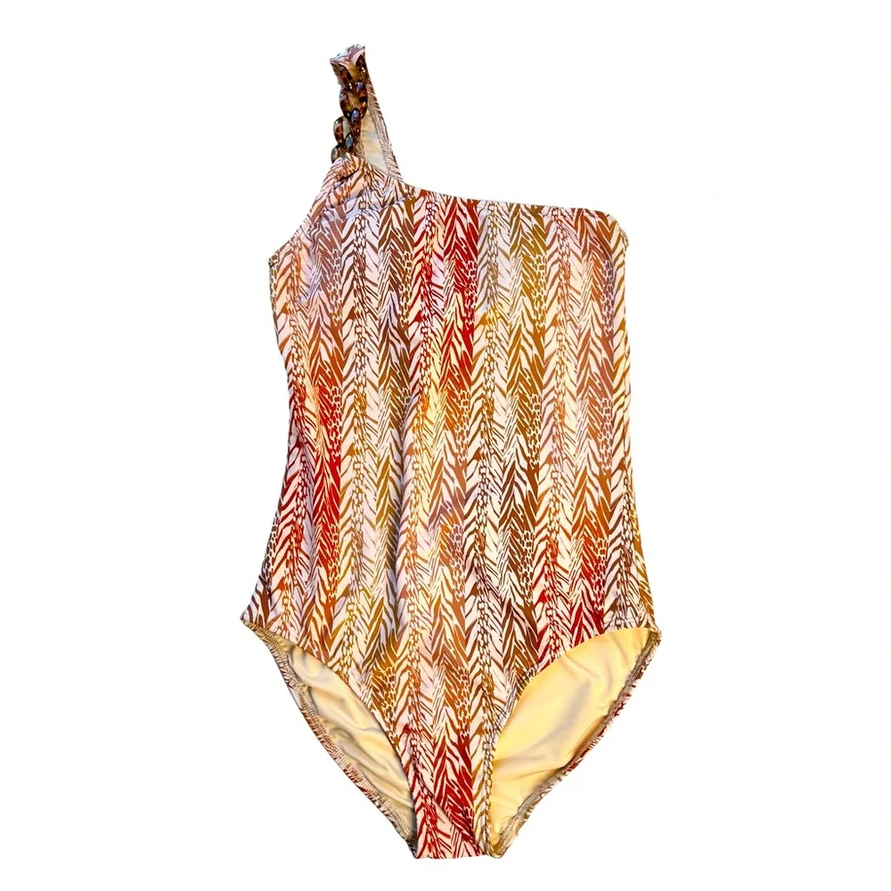 Shoshanna One Piece Swimsuit One Shoulder Chain Detail Amber Safari Print Size 4